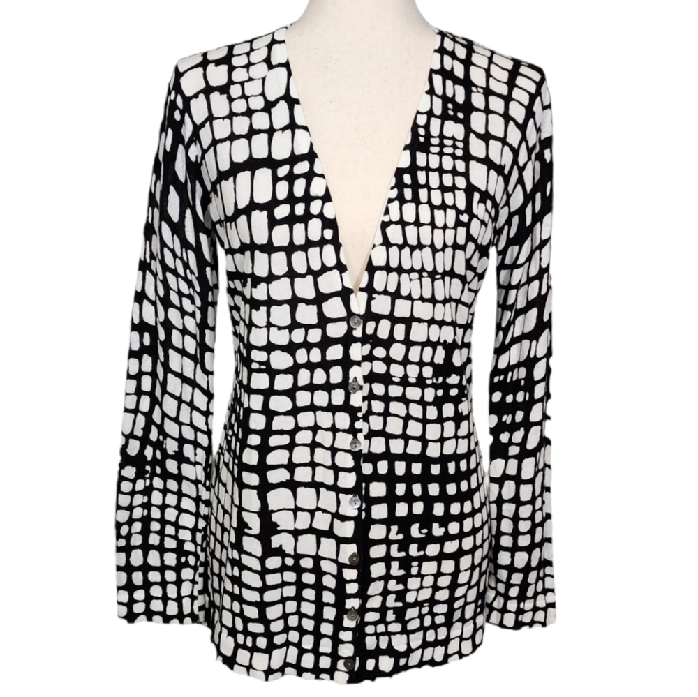 Jones New York Soft Stretchy Abstract Button Front Cardigan Blk/Wht Small *NEW*